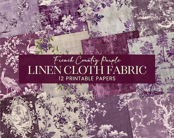 Purple Fabric Scrapbook Papers, French Country Toile Journal Pages, Damask Linen Muslin Cloth Backgrounds, Printable Decoupage Textile Art