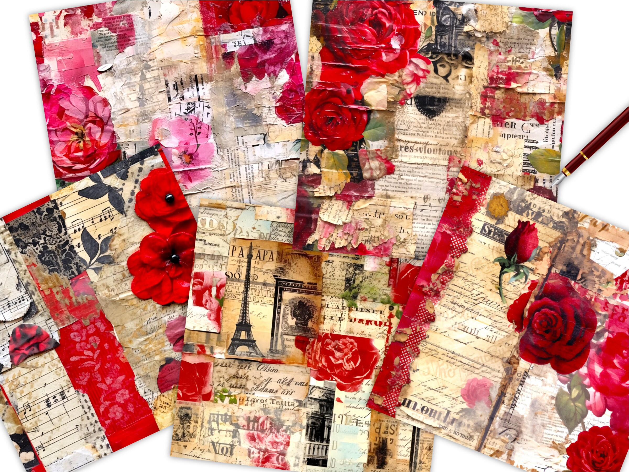 Red Paris Collage Seamless Patterns, Scarlet Distressed French Junk ...