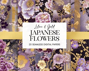Japanese Floral Seamless Patterns, Purple Gold Asian Flowers Digital Papers, Watercolor Painting Art Journal Planner Scrapbook Backgrounds
