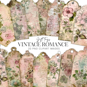 Vintage Blumen Geschenkanhänger PNG, romantische viktorianisches blush rosa mint grün Journal Etiketten, Shabby Chic Pastell druckbare Kunst Fussy Cut PDF