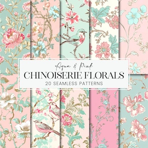 Patrones sin costuras con estampados florales chinoiserie, papel para álbum de recortes con flores aguamarina pastel, fondos imprimibles con motivos botánicos de toile chino en rosa melocotón ruborizado