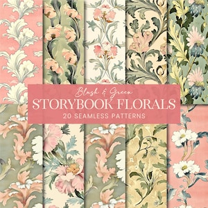 May include: A set of 20 seamless digital paper patterns featuring blush and green floral designs. The patterns are ideal for scrapbooking, card making, and other crafting projects.