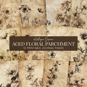Könnte beinhalten: Eine Sammlung von 12 druckbaren Journalseiten im antiken Sepia-Ton. Die Seiten zeigen gealtertes Blumenpergament mit zarten schwarz-weißen botanischen Illustrationen von Blumen und Blättern. Der Text auf dem Bild lautet "Antique Sepia Aged Floral Parchment".