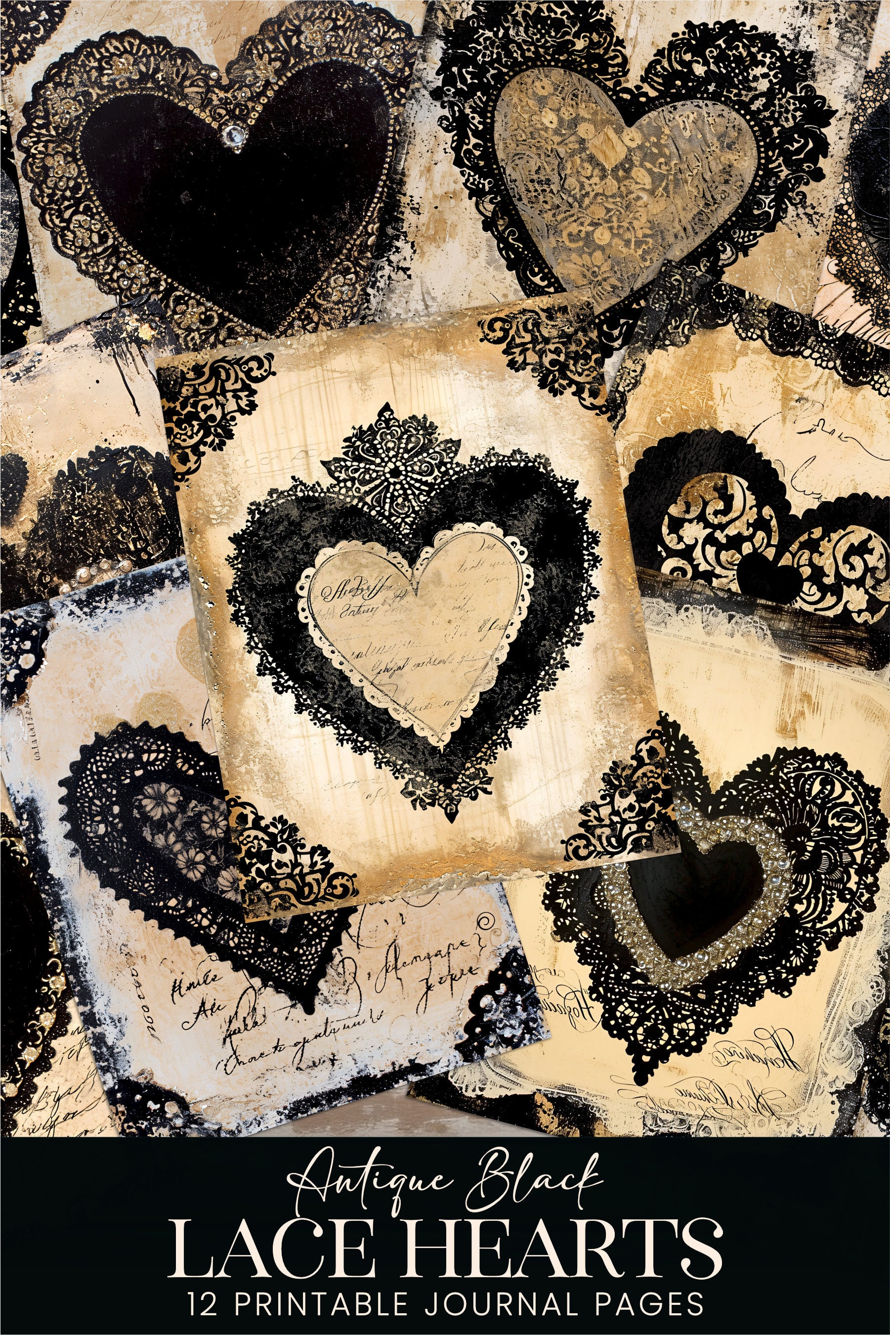 Black Lace Hearts Junk Journal Pages, Vintage Valentine's Day Digital ...