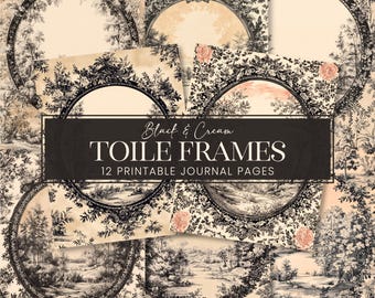 Blush Black Toile De Jouy Frames Journal Pages, Vintage Cream French Landscapes Scrapbook Backgrounds, Antique Scenes Writing Papers