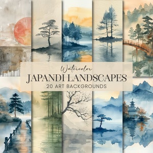 Japandi kunst landschappen achtergronden, aquarel natuurtaferelen afdrukbaar ambachtelijk plakboek, Japans Chinees Aziatisch reisdagboekpagina's