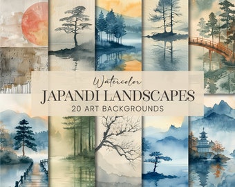 May include: A collection of 20 watercolor illustrations featuring Japanese and Scandinavian design elements. The illustrations depict serene landscapes with mountains, trees, water, and bridges. The text "Watercolor Japardi Landscapes 20 Art Backgrounds" is displayed on a beige background.