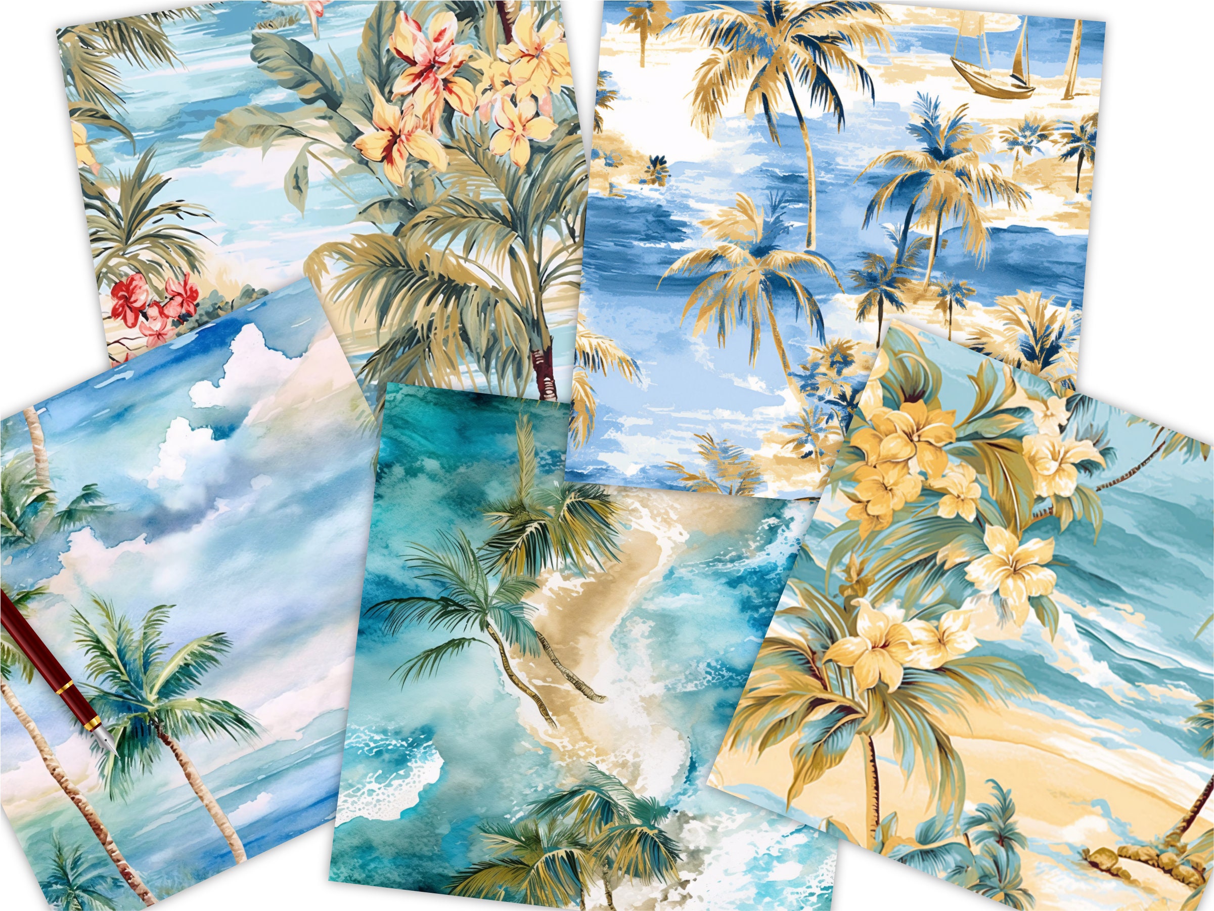Tropical Beach Scenes Seamless Patterns, Ocean Florals Digital Papers ...