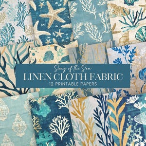 Op de afbeelding: Twaalf digitale papieren met een nautisch thema met koraal, schelpen en zeesterren in tinten blauw, wit en goud. De tekst "Song of the Sea Linen Cloth Fabric 12 Printable Papers" wordt weergegeven op een witte banner.