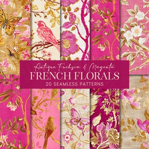 Antike magentafarbene französische nahtlose Muster mit Blumenmuster, heiße rosa französische Bauernstoff-Scrapbook-Papiere, fuchsiafarbene Chinoiserie-druckbare Hintergründe