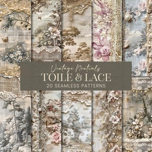 Peut inclure: Un pack de papiers numériques avec 20 motifs sans couture présentant des designs vintage de toile et de dentelle dans des couleurs neutres. Les motifs comprennent des motifs floraux, des arbres et des détails de dentelle complexes.
