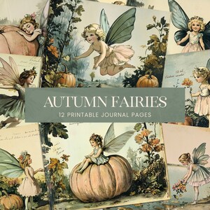 Pagine di diario vintage con fate autunnali, carte per scrapbooking con zucche autunnali, sfondi stampabili con fatine antiche e decorazioni artigianali