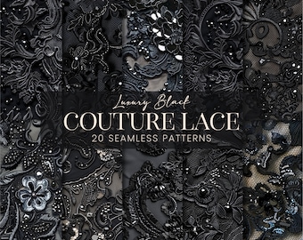 Couture Lace Seamless Patterns, Luxury Black Floral Mesh Fabric Textures Scrapbook Paper, Glam Sequins Flower Digital Printable Background