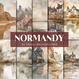 Fondos de Normandía, páginas de diario de viaje imprimibles de Francia con acuarela, paisajes de castillos y vistas a la playa francesa, papel de álbum de recortes digital