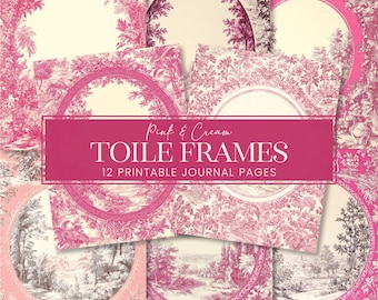 Pink Cream Toile De Jouy Frames Journal Pages, Antique French Garden Scene Botanical Scrapbook Backgrounds, Vintage Scenes Writing Papers