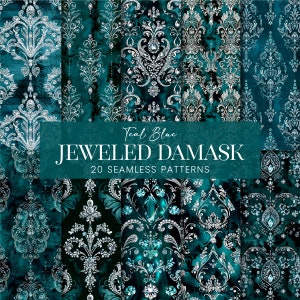 Patrones sin costuras de damasco con joyas, páginas francesas de lujo en azul verdoso, papeles para álbumes de recortes con cristales de diamantes turquesas, fondos imprimibles de joyas