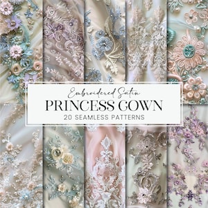 Gestickte nahtlose Satinmuster, Prinzessin Crystal Damask Scrapbook-Papiere, Couture Seidenspitze druckbare POD-Hintergründe