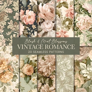 Vintage motifs floraux sans couture, papiers de scrapbooking romantique victorien rose blush rose sauge vert, arrière-plans imprimables art pastel shabby chic