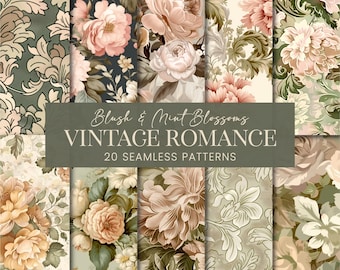Vintage Florals Seamless Patterns, Romantyczny wiktoriański różowo-różowy papier do scrapbookingu, Shabby Chic Pastel Printable Art Backgrounds
