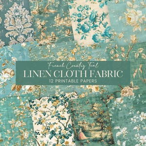Papiers de scrapbooking en tissu bleu sarcelle de campagne française, pages de journal floral bleu-vert, arrière-plans en toile de lin, textiles de découpage à imprimé damassé