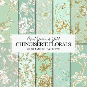 Könnte beinhalten: Ein Set mit 20 nahtlosen digitalen Papiermustern mit einem Chinoiserie-Blumendesign in Mintgrün und Gold. Die Muster enthalten Vögel, Blumen und Blätter.