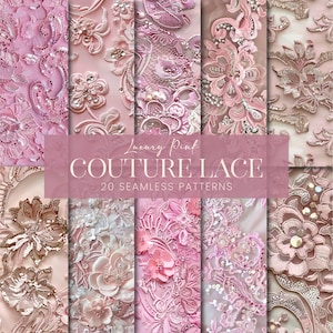 Puede incluir: Una colección de patrones de encaje de alta costura rosa. La imagen muestra 20 patrones sin costuras en varios tonos de rosa, con diseños florales y ornamentados con adornos. El texto "Luxury Pink Couture Lace" es visible.