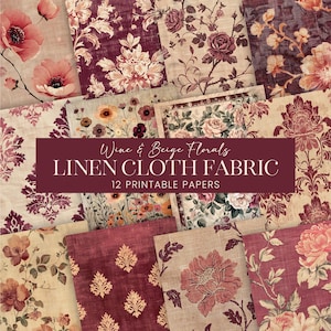 Papier de scrapbooking tissu fleurs cabernet, pages de journal en lin chinoiseries vin, arrière-plans en tissu rose poudré ivoire antique, caractères botaniques imprimables
