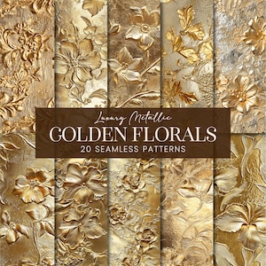 Patrones sin costuras con flores doradas, texturas de flores metálicas pintadas de lujo, papel para álbum de recortes, fondo botánico imprimible digitalmente de Glam Couture