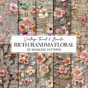 Vintage Floral Stoff Musterdesign, gestickte Botanicals Tweed Textur Scrapbook Papiere, antike Grandmacore druckbare Hintergründe