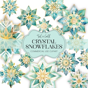 Clipart di fiocchi di neve ad acquerello, decorazioni di neve di cristallo invernale in oro verde acqua PNG, adesivi per album di pianificatori digitali invernali, arte del collage del diario