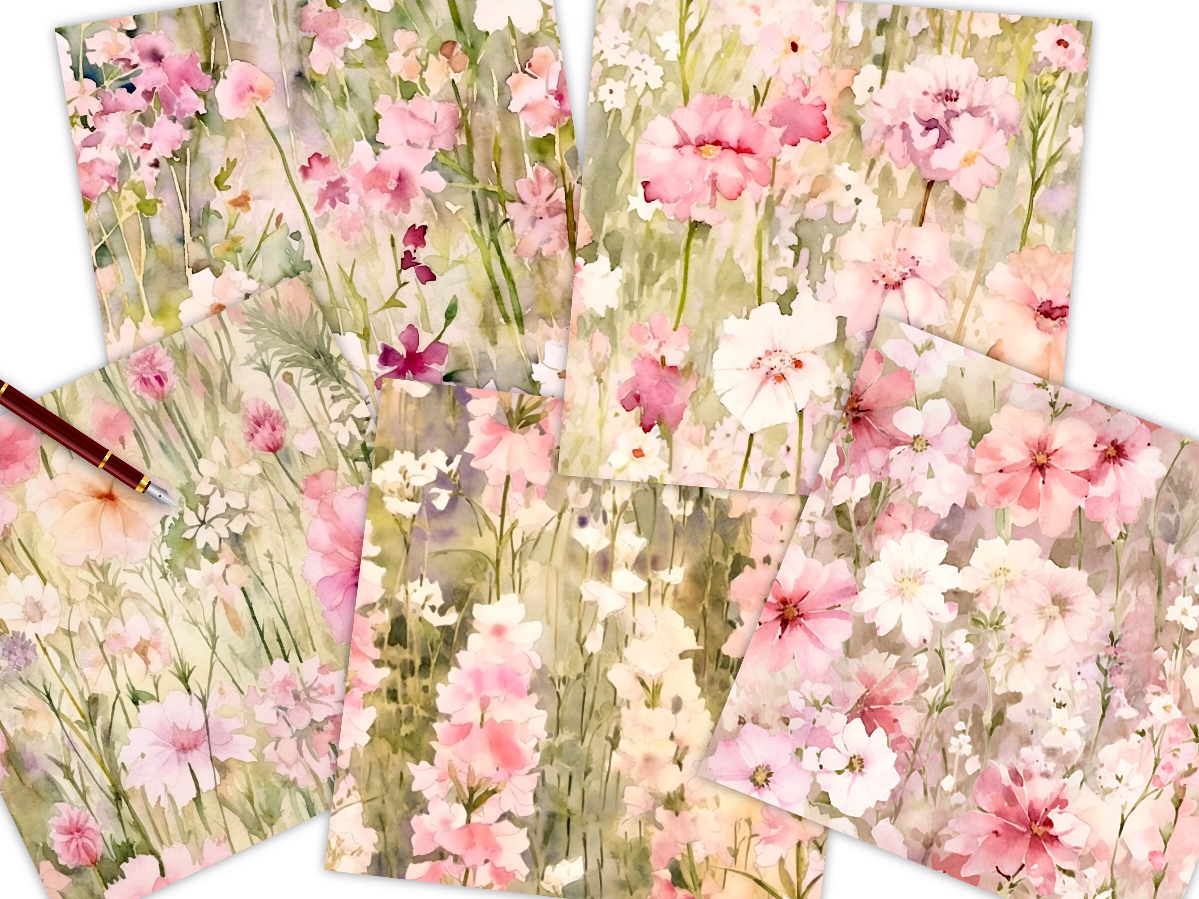 Pastel Pink Floral Seamless Patterns, Soft Blush Watercolor Flowers ...