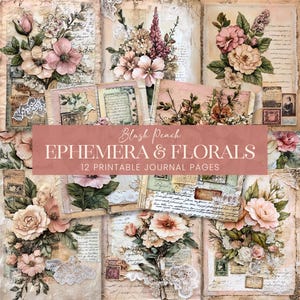 Páginas de diário de efêmeras e florais de pêssego, papel de scrapbook com letras de mídia mista blush, fundos de diário de selos de pergaminho de renda vintage pastel