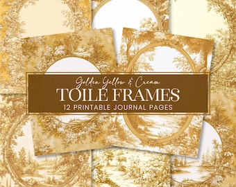 Golden Yellow Toile De Jouy Frames Journal Pages, Vintage Cream French Landscapes Scrapbook Backgrounds, Antique Scenes Writing Papers