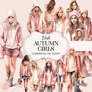 Blush Autumn Girls Clipart, acuarela acogedora ropa de mujer de otoño PNG, pegatina del planificador digital del tablero de humor rosa claro, arte del collage del diario basura