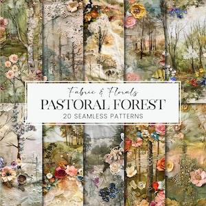 May include: A collage of 20 seamless digital paper patterns featuring a whimsical pastoral forest theme. The patterns include delicate lace, floral designs, and woodland scenes in soft pastel colors.