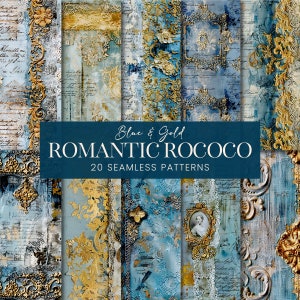 May include: A collection of 20 seamless patterns in a romantic Rococo style. The designs feature a blue and gold color palette with ornate floral and scrollwork details. The patterns include vintage script and portrait elements.