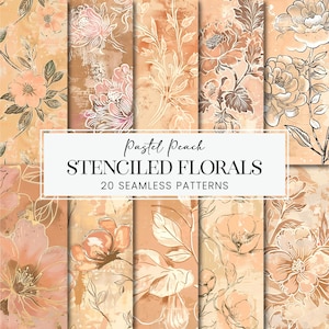 Motivi floreali senza soluzione di continuità con stencil, carta per scrapbooking con fiori timbrati grunge color pesca pastello, sfondo stampabile con botaniche blush per sublimazione