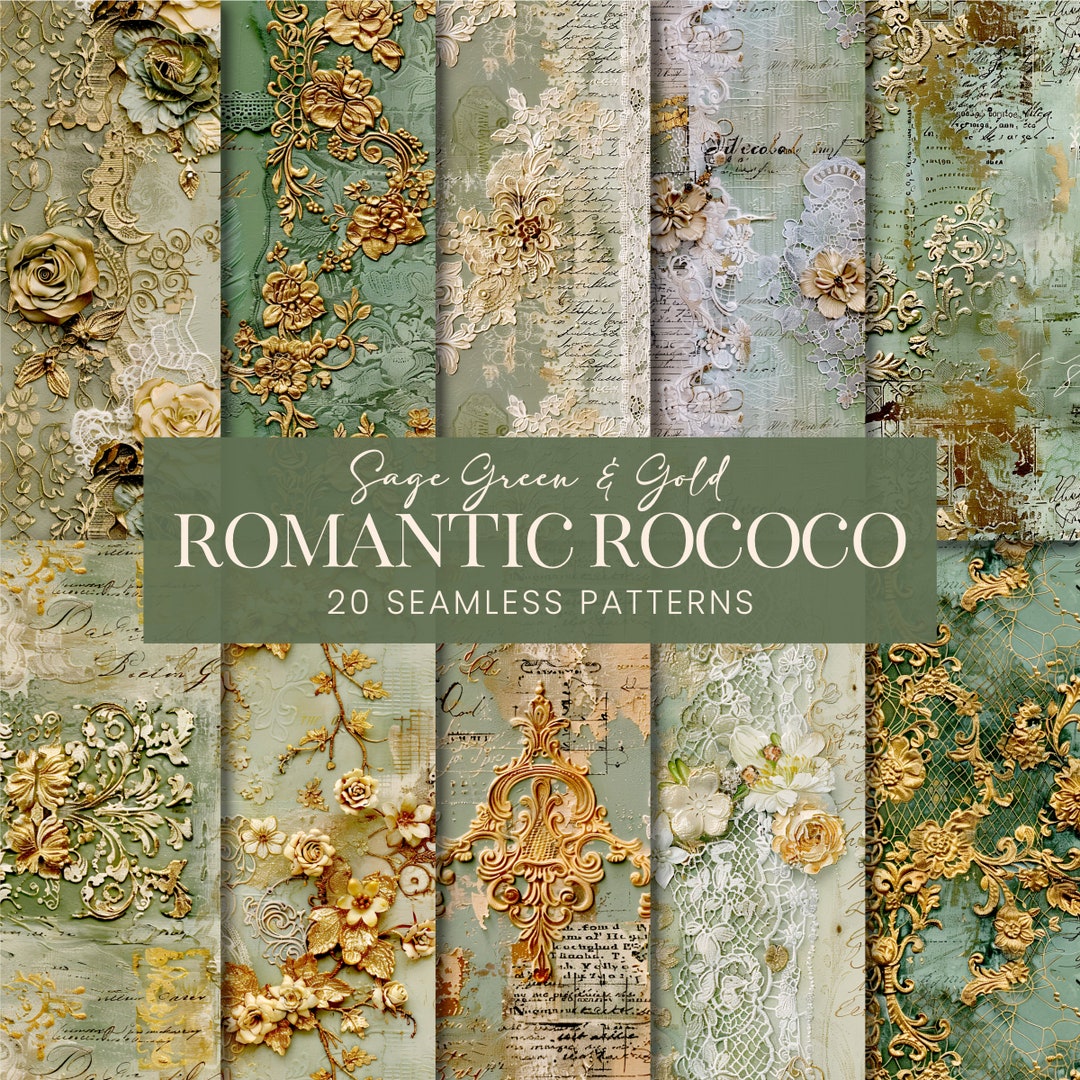 Light Green Rococo Pattern Sage Green Rococo Seamless Patterns, Luxury Grunge Stucco Plaster ...