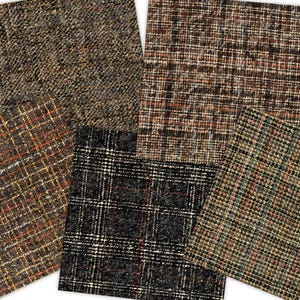 May include: Five fabric swatches with different plaid patterns in shades of brown, black, and white. The swatches are arranged in a collage.