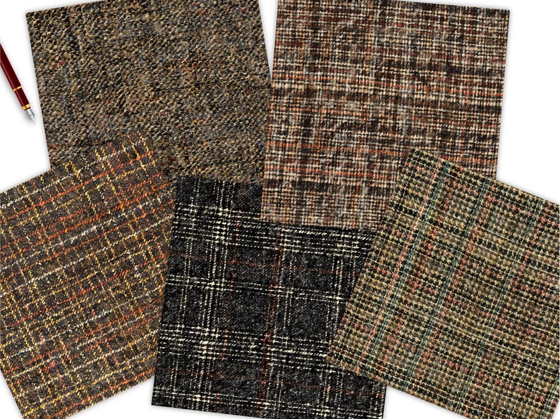 May include: Five fabric swatches with different plaid patterns in shades of brown, black, and white. The swatches are arranged in a collage.
