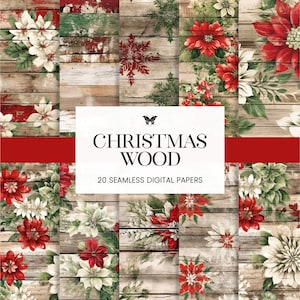 Rustieke kerst hout naadloze patronen, noodlijdende digitale bloemenpapieren, land vakantie bloemen dagboek planner scrapbook achtergronden