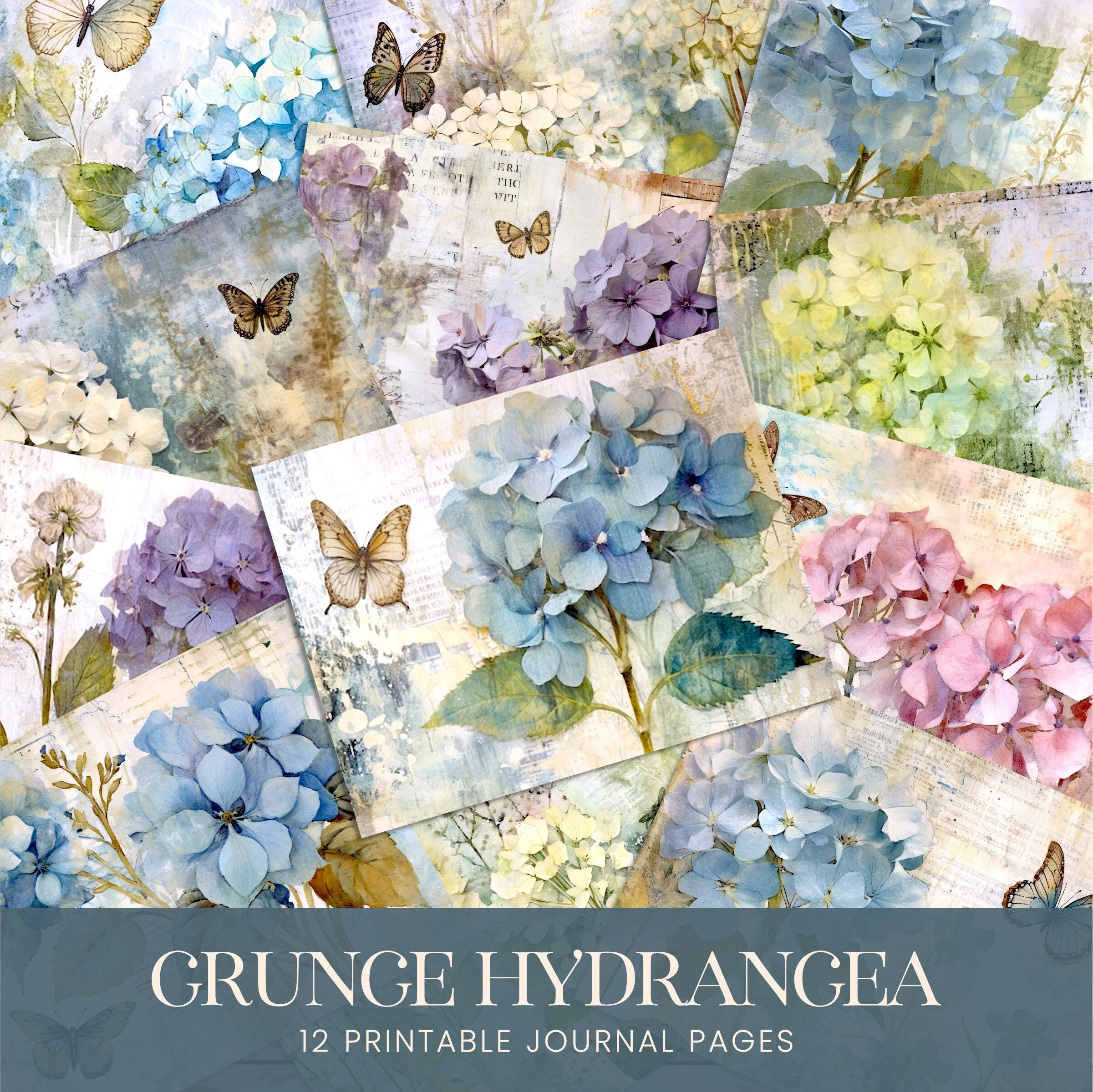 Hydrangea Junk Journal Pages, Grunge Floral Watercolor Digital Paper ...