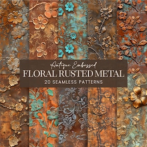 Verrostete Metallblumen-Muster, Luxus geprägte Dose druckbare Scrapbook-Papiere, antike Patina Bronze Metallic Textur Junk Journal