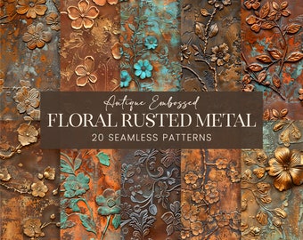 Rusted Metal Florals Seamless Patterns, Luxury Embossed Tin Printable Scrapbook Papers, Antique Patina Bronze Metallic Texture Junk Journal