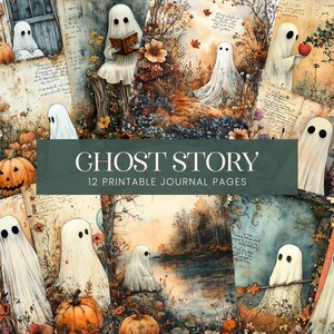 Páginas de diário de histórias de fantasmas de outono, cenas fofas de fantasmas brancos, abóboras laranja, leitura de arte fantasma, papel para scrapbook, fundos para impressão