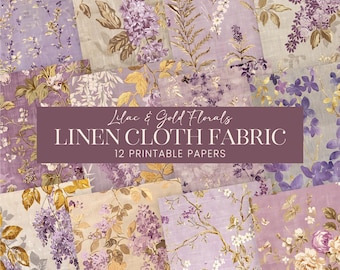 Lilac Floral Fabric Scrapbook Papers, Pastel Purple Gold Chinoiserie Canvas Journal Pages, Linen Cloth Backgrounds, Botanical Print Textiles