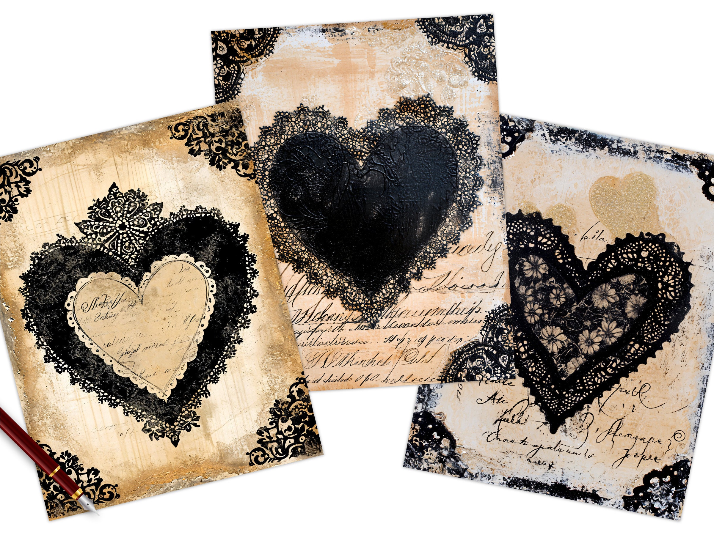 Black Lace Hearts Junk Journal Pages, Vintage Valentine's Day Digital ...