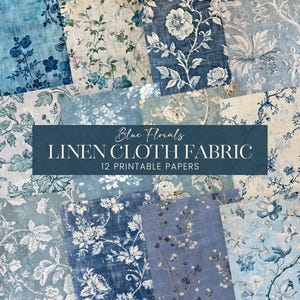 Papiers de scrapbooking en tissu floral bleu, pages de journal de branche botanique bleu cendré, arrière-plans en mousseline de lin, textiles de découpage imprimables