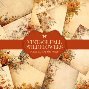 Páginas de diário de lixo de flores silvestres de outono, kit de papel aquarela botânico de outono, fundos de álbum de recortes florais vintage, colagem digital para impressão