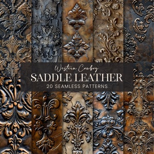 Modelli senza cuciture in pelle western, carta per album di ritagli vintage da sella da equitazione, damasco invecchiato da cowboy country glamour, sfondo stampabile di lusso